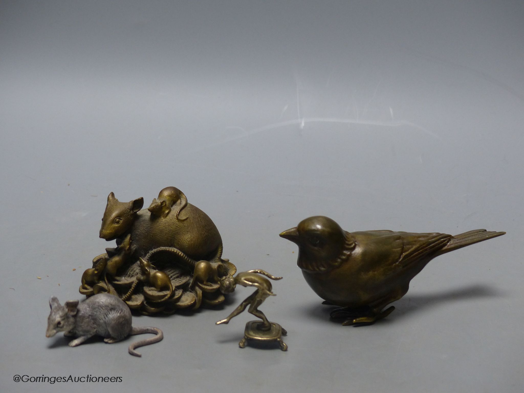After Franz Bergmann, two cast bronze models of mice, a model of a bird, after Max le Verrier, bears signature and miniature bronze of a dancer (4)